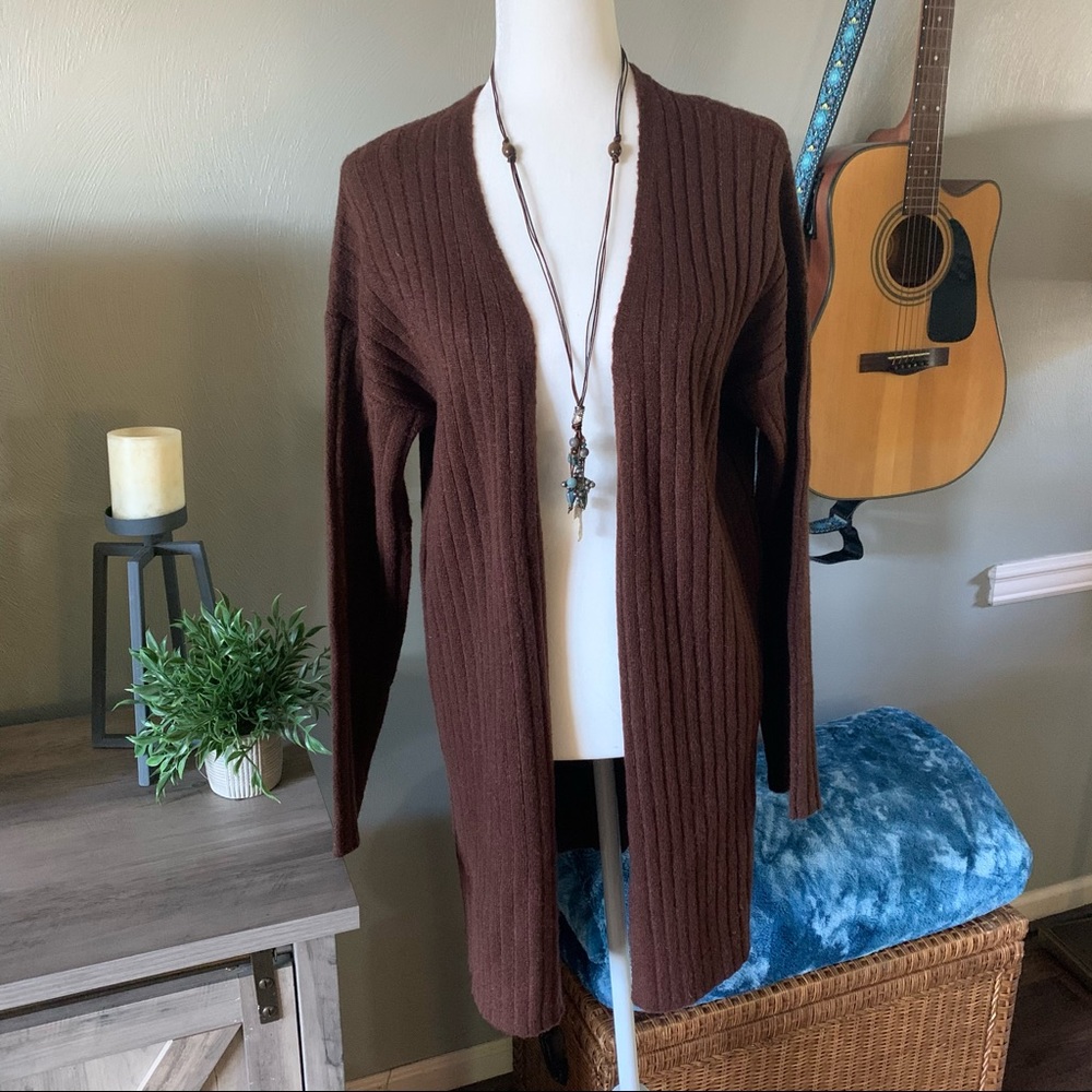 Brown Longline Ribbed Cardigan